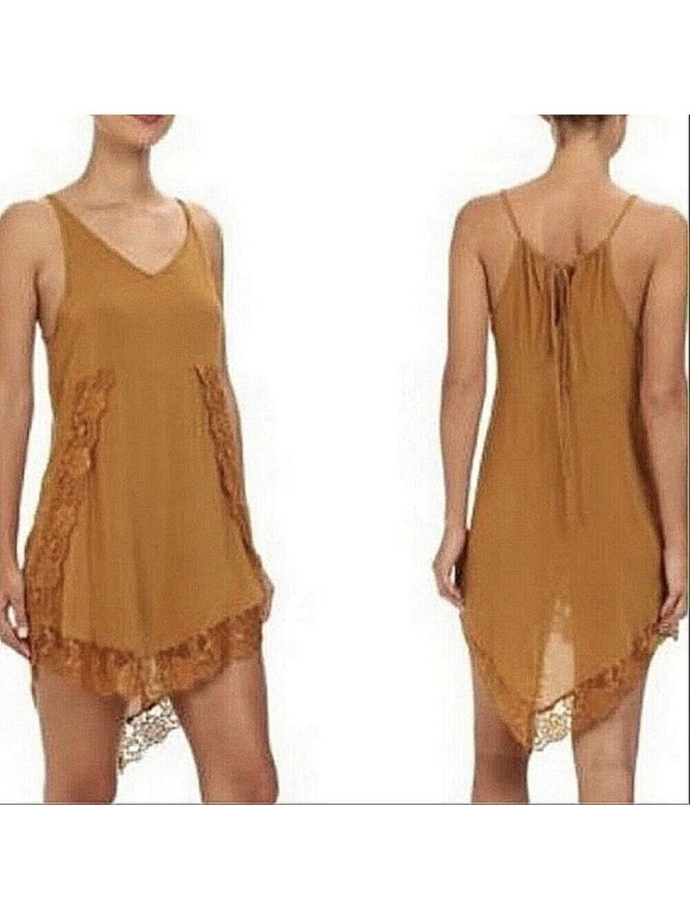 Free people Intimately Womens Mustard Lace Mini Dress sz S Golden Yellow V-Neck